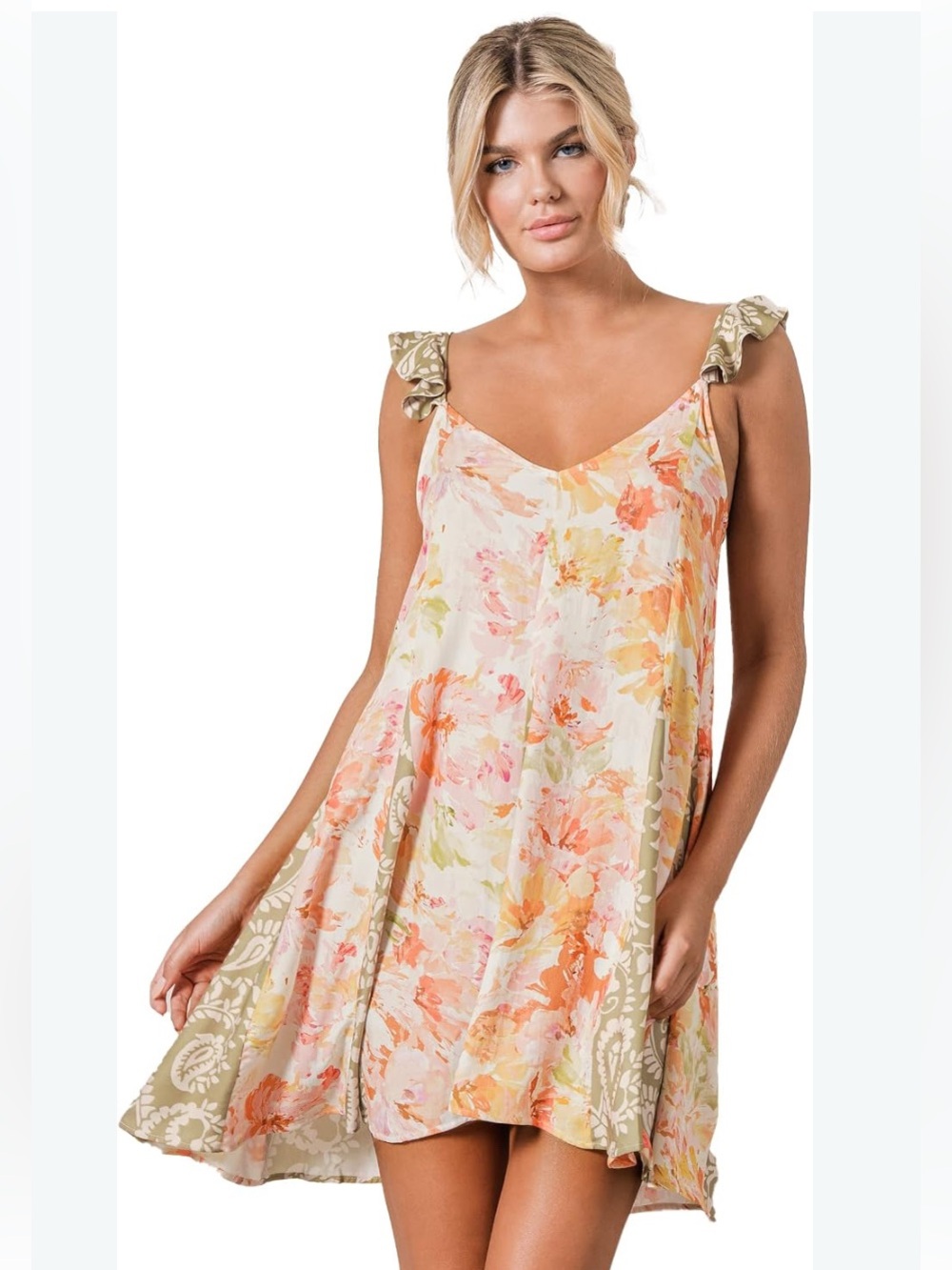 Maaji Peach Floral Ruffle-Shoulder Mini Dress with Sage Trim